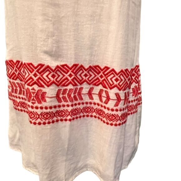 C. Puce Sleeveless Lined Dress Linen Blend Red Embroidered Trim BOHO Summer EUC - Picture 7 of 16